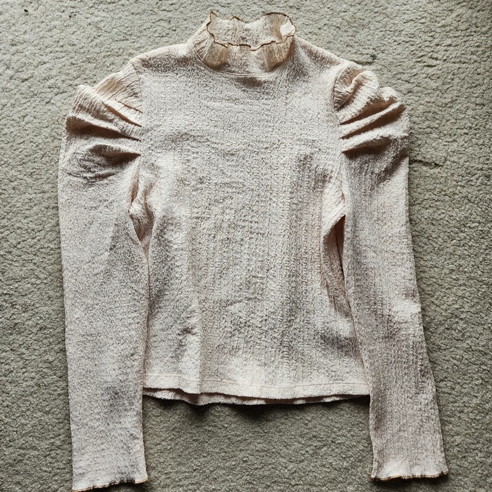 FREE PEOPLE Ela Mock Neck Puff Sleeve Cream Blouse Medium - Picture 2 of 6